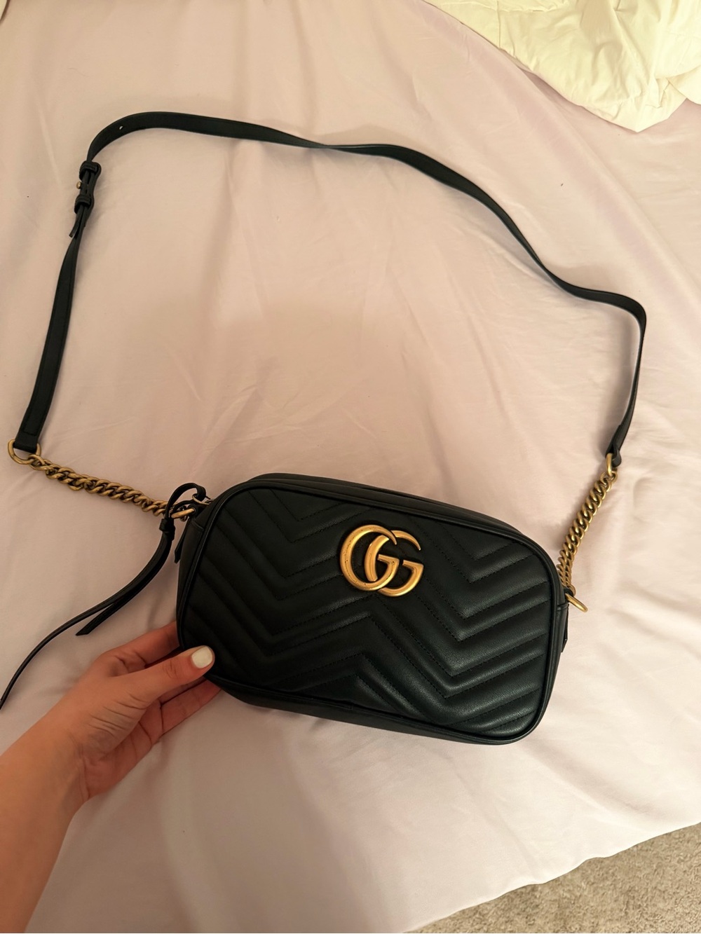 Gucci Black Quilted Leather GG Marmont Crossbody with Gold Hardware